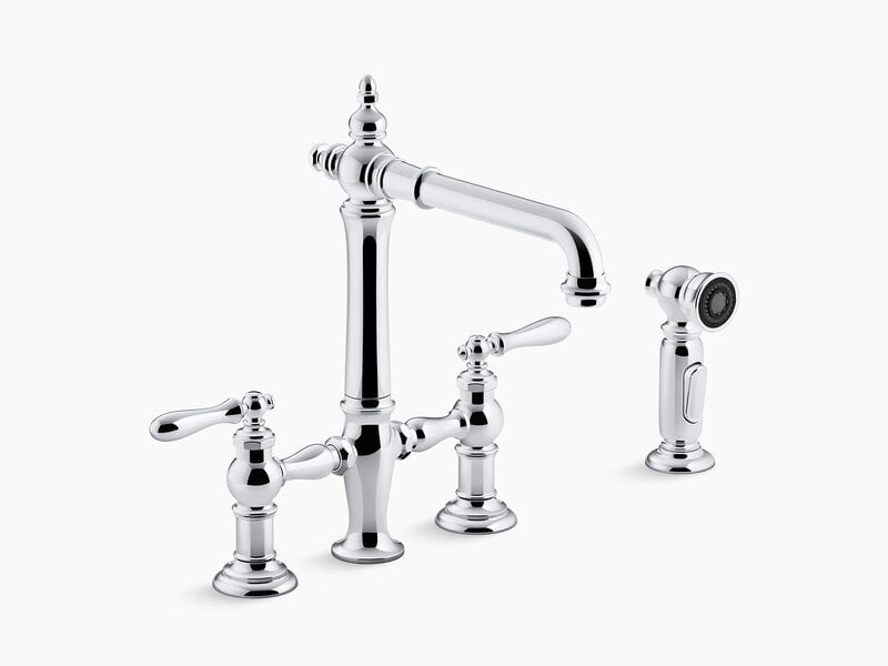 Artifacts Deck-Mount Bridge Kitchen Sink Faucet with Lever Handles and sidespray K-76519-4-CP